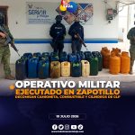 Ejército Ecuatoriano interviene presunto centro de almacenamiento ilegal de combustibles en Zapotillo.