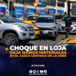 Choque entre un vehículo particular y un taxi deja daños materiales en Loja.
