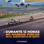 Aeropuerto de Quito suspenderá temporalmente sus operaciones este 3 de octubre por mantenimiento preventivo de la pista; pasajeros deberán consultar con sus aerolíneas