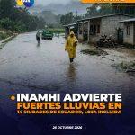 Inamhi alerta por fuertes lluvias y tormentas eléctricas en 14 ciudades de Ecuador.